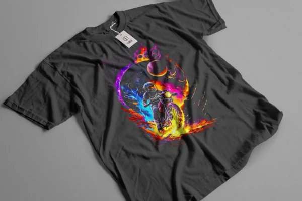 Viaje Cósmico en Moto: Aventura entre las Estrellas Camiseta negra con un diseño vibrante de un motociclista recorriendo un paisaje espacial