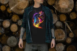 Playera negra con un diseño vibrante de un motociclista recorriendo un paisaje espacial
