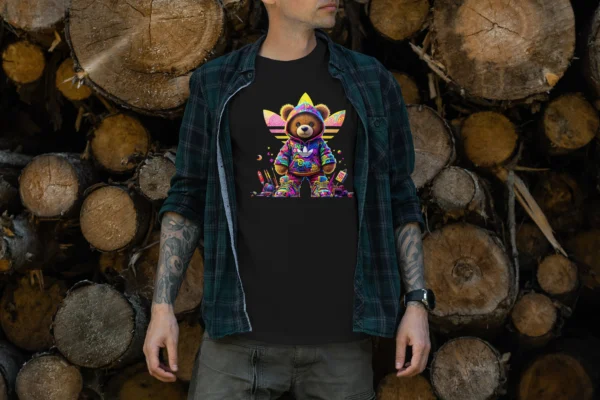 Hombre con camiseta negra que presenta un oso de peluche vibrante en sudadera con rayas inspiradas en Adidas, acompañado de dulces y elementos coloridos, sobre fondo de troncos de madera. Ideal para amantes del streetwear y ropa urbana con toque retro y detalles vintage.